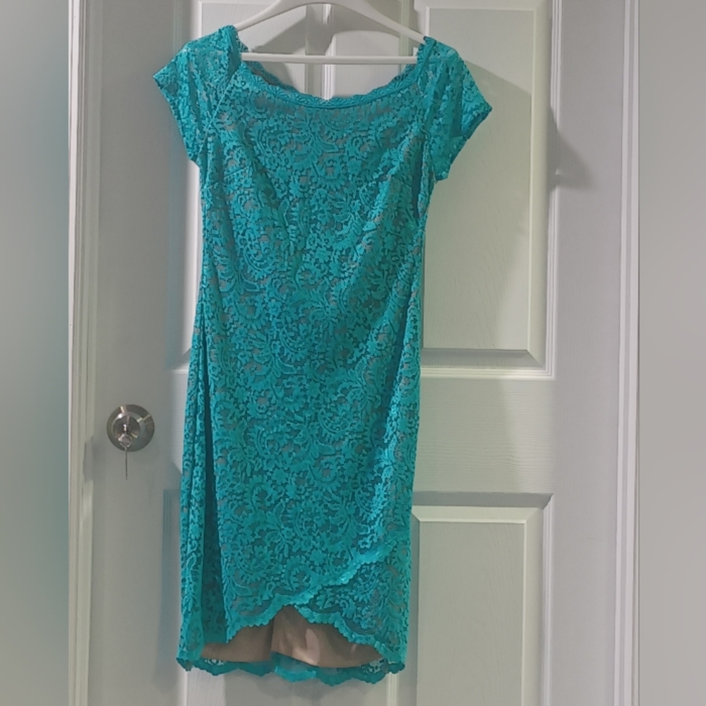 Bisou Bisou Turquoise Asymmetrical Lace Dress